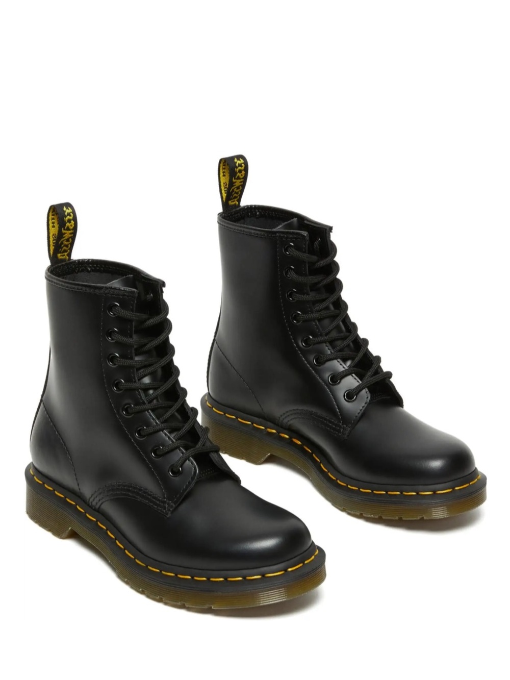Dr. Martens Black Leather 8-Eye Lace-Up Boots with Yellow Stitching